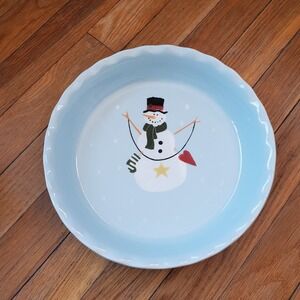Nantucket Snowman pie plate tray ceramic 10" deep dish fluted edge blue